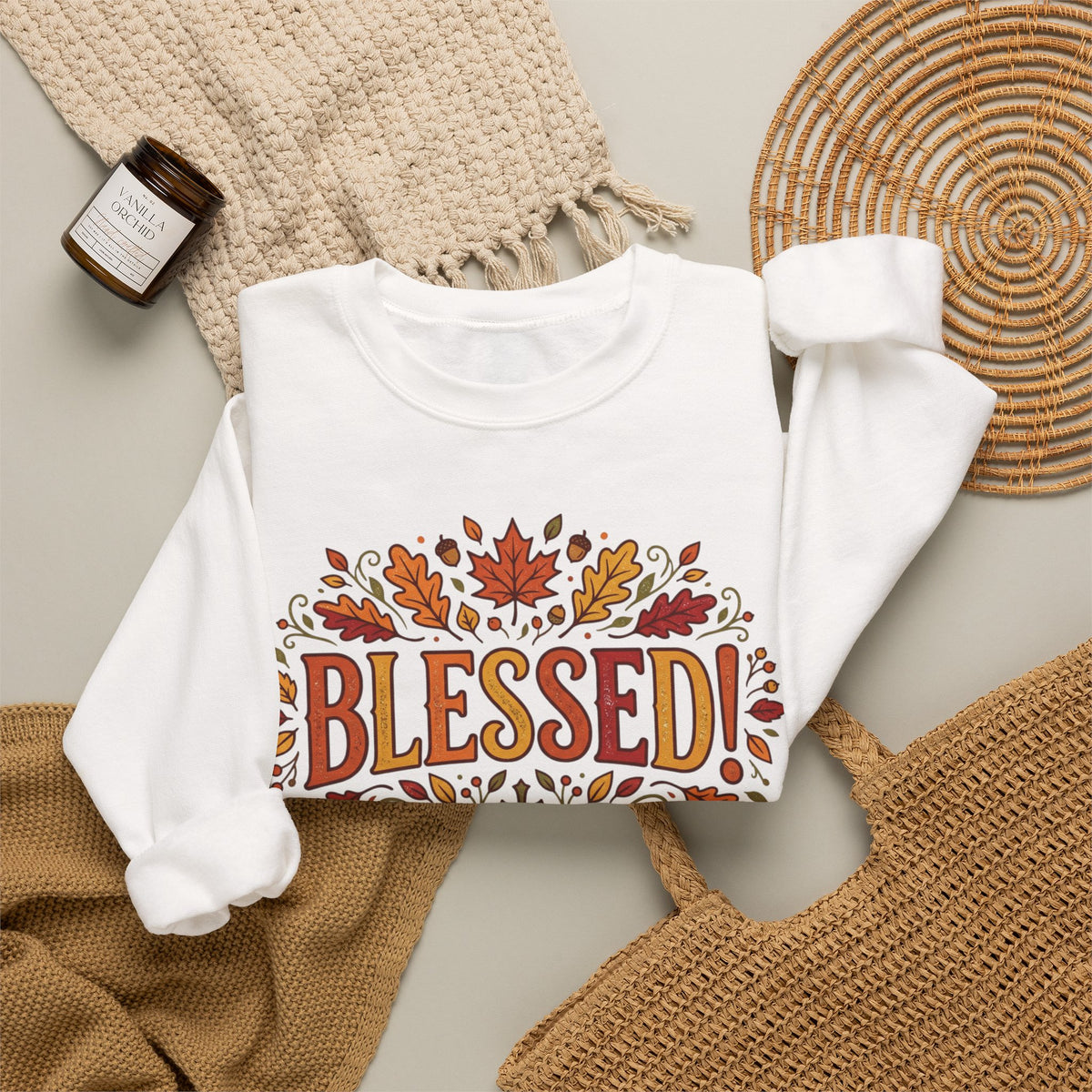 Blessed Sweatshirt — Fall Leaves Christian Crewneck (Give Thanks)