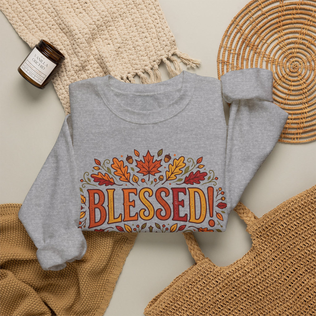 Blessed Sweatshirt — Fall Leaves Christian Crewneck (Give Thanks)
